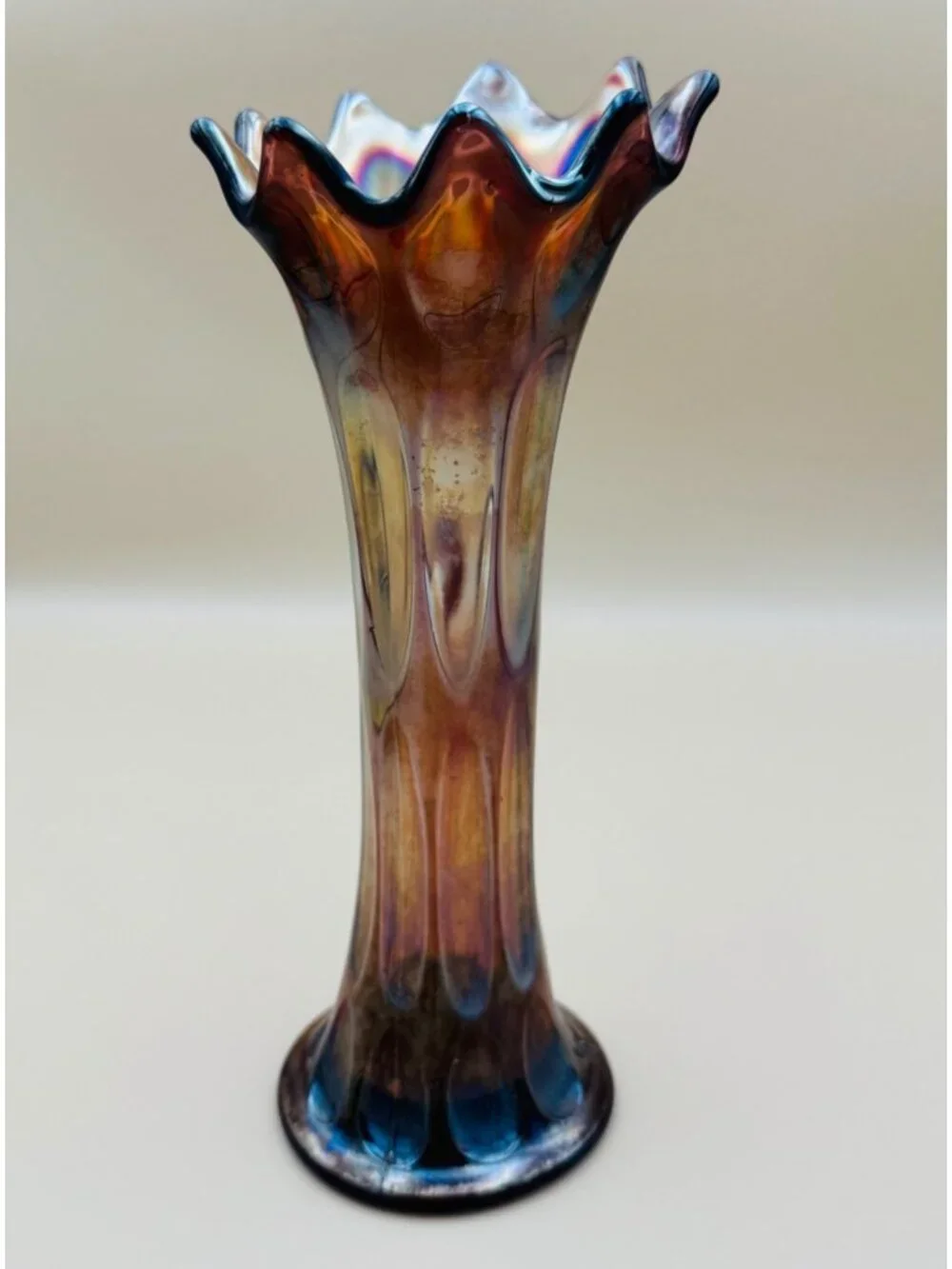 Vintage Fenton Carnival Glass Vase Long Thumbprint Swung Shape Art 9.5